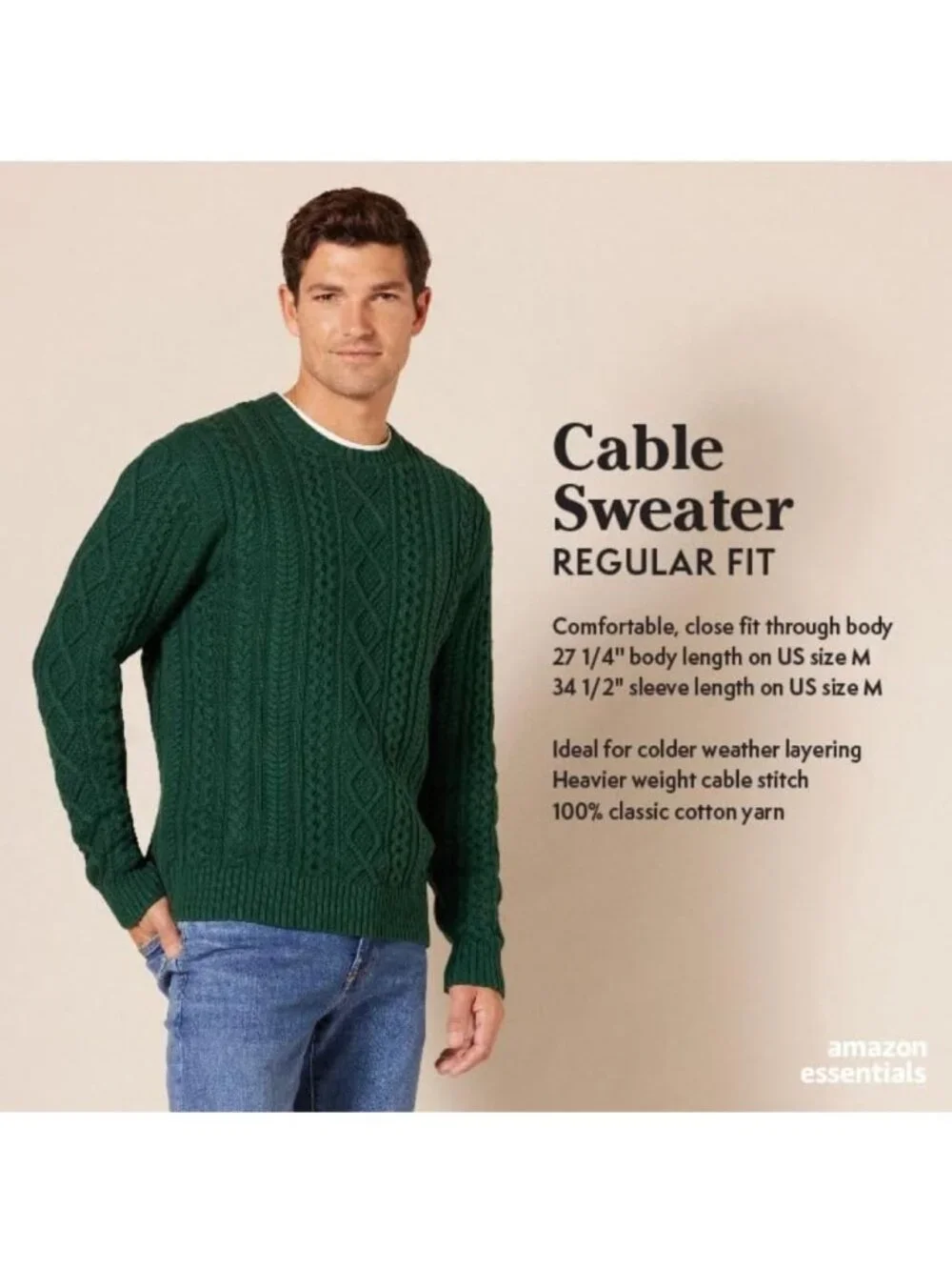 Cozy 100% Cotton Long-Sleeve Fisherman Cable Knit Crewneck Sweater for Men